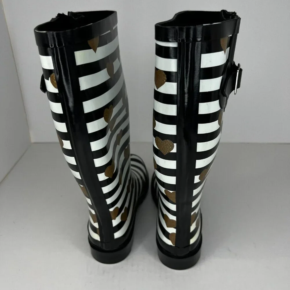 Kushyshoo Womens Black Striped Heart Rubber Mid Calf Size 7 Rain Boots